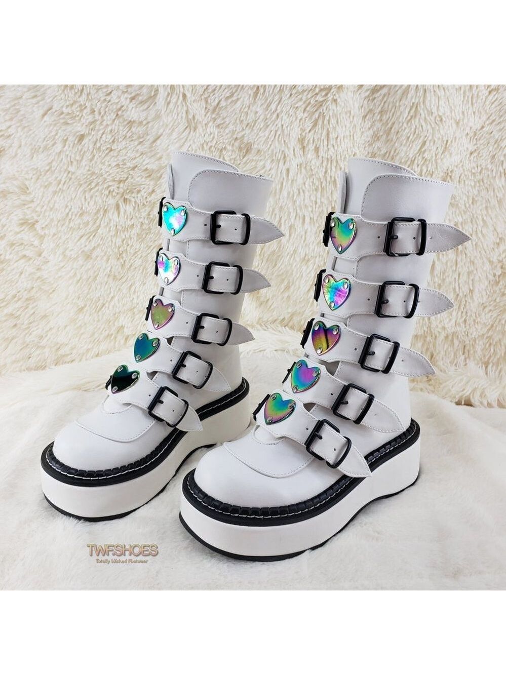 Emily 330 White Heart Sheild Platform Metal Heart Plate Buckle Cyber Boots